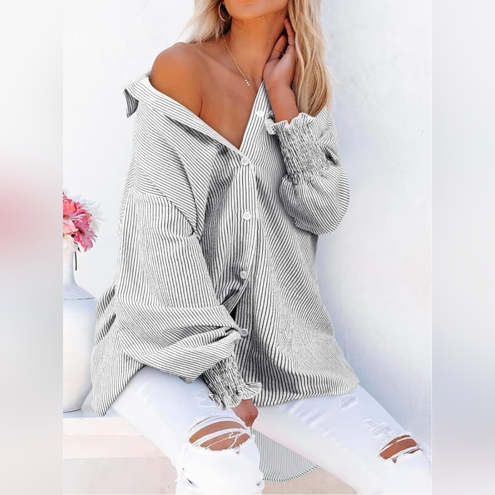 Striped Button Down Smocked Cuff Oversized Boyfriend Blouse Blouson Sleeve-M